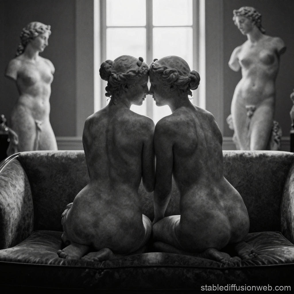 Intimate Marble Statues in Classic Museum Setting