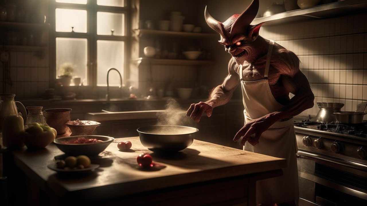 Intimidating Demon Chef Cooking in a Dimly Lit Kitchen