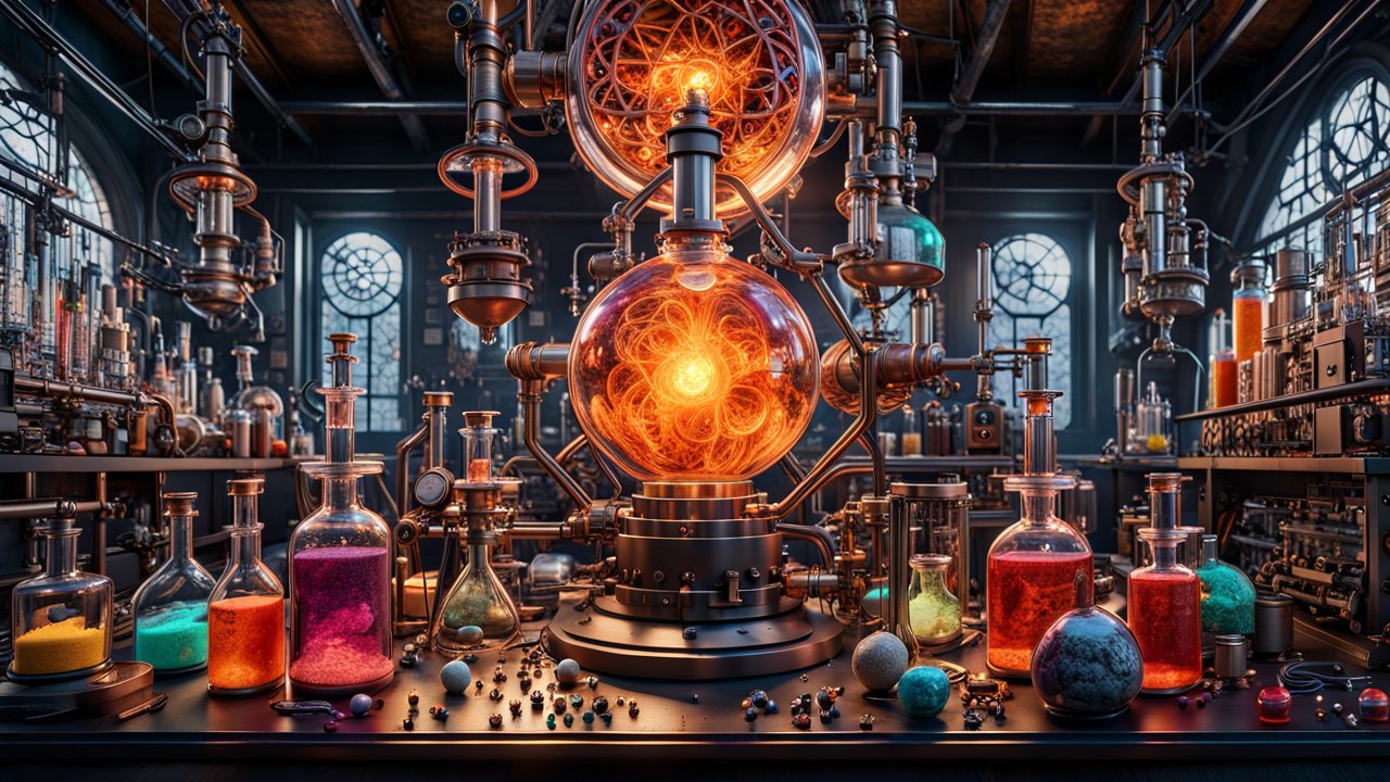 Intricate 3D Render of a Steampunk Alchemy Lab with Glowing Apparatus