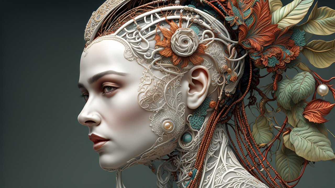 Intricate 3D Render of a Woman with Ornate Floral Headpiece