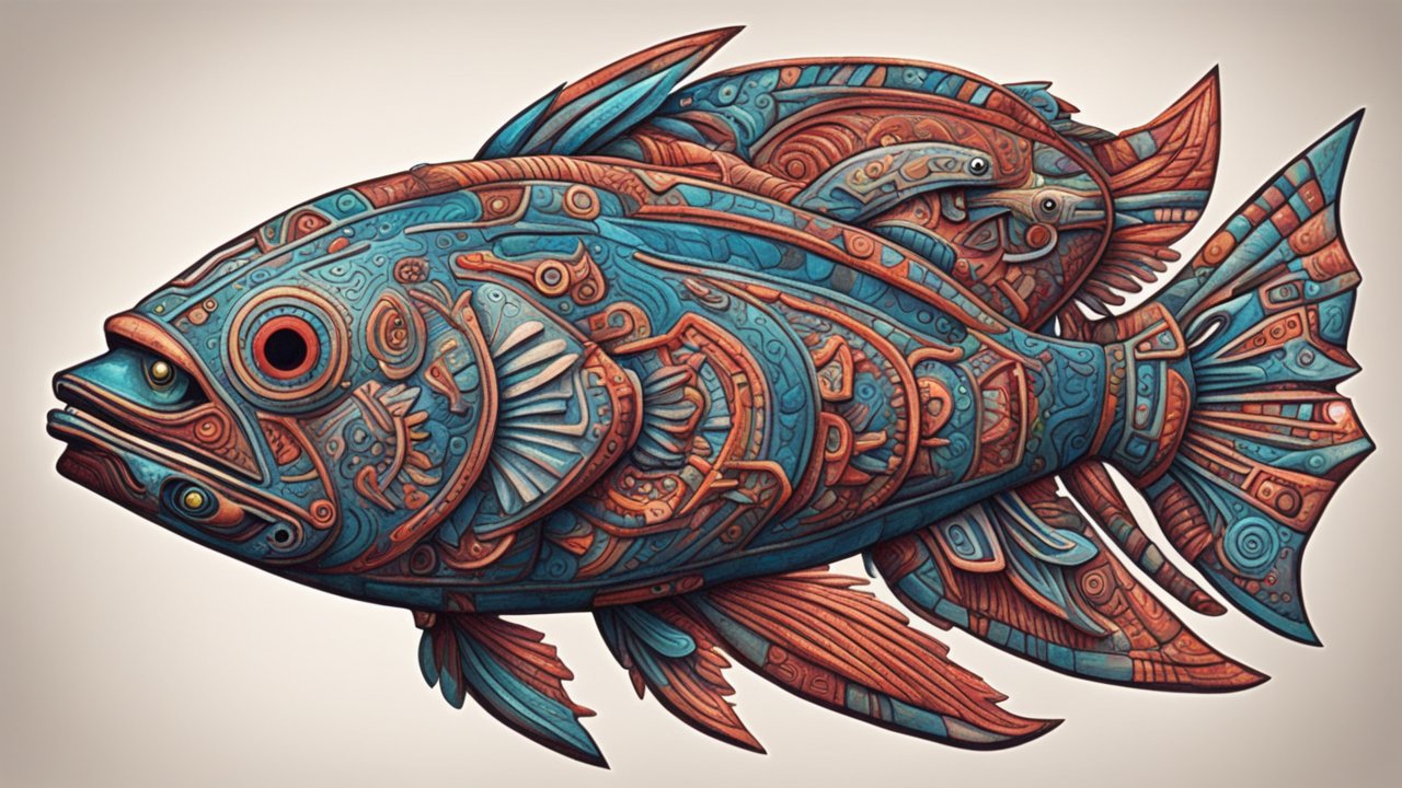 Intricate Aztec-Inspired Fish Totem Illustration