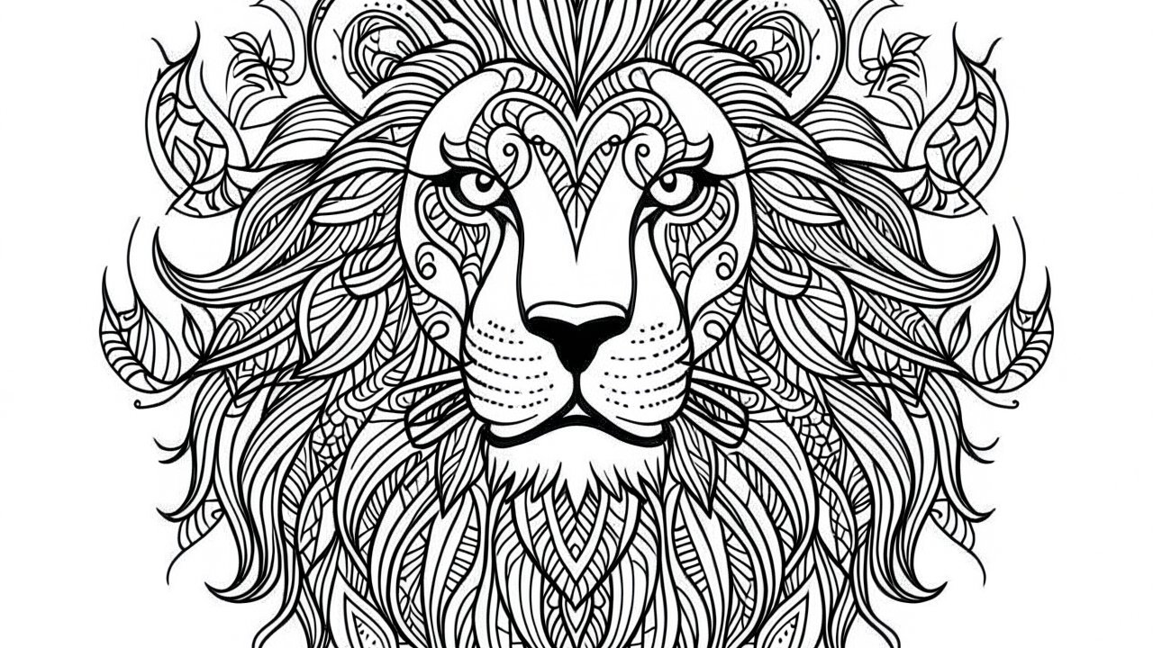 Intricate Black and White Lion Line Art