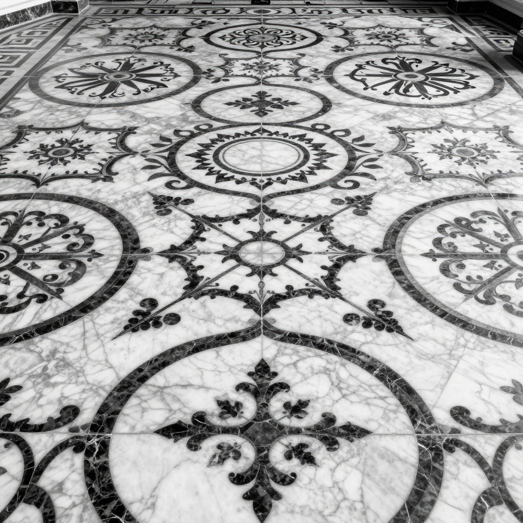Intricate Black and White Marbled Floor Pattern
