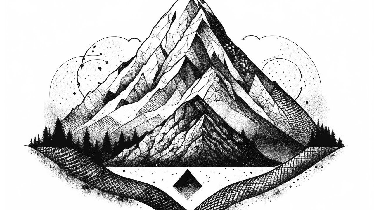 Intricate Black and White Mountain Illustration
