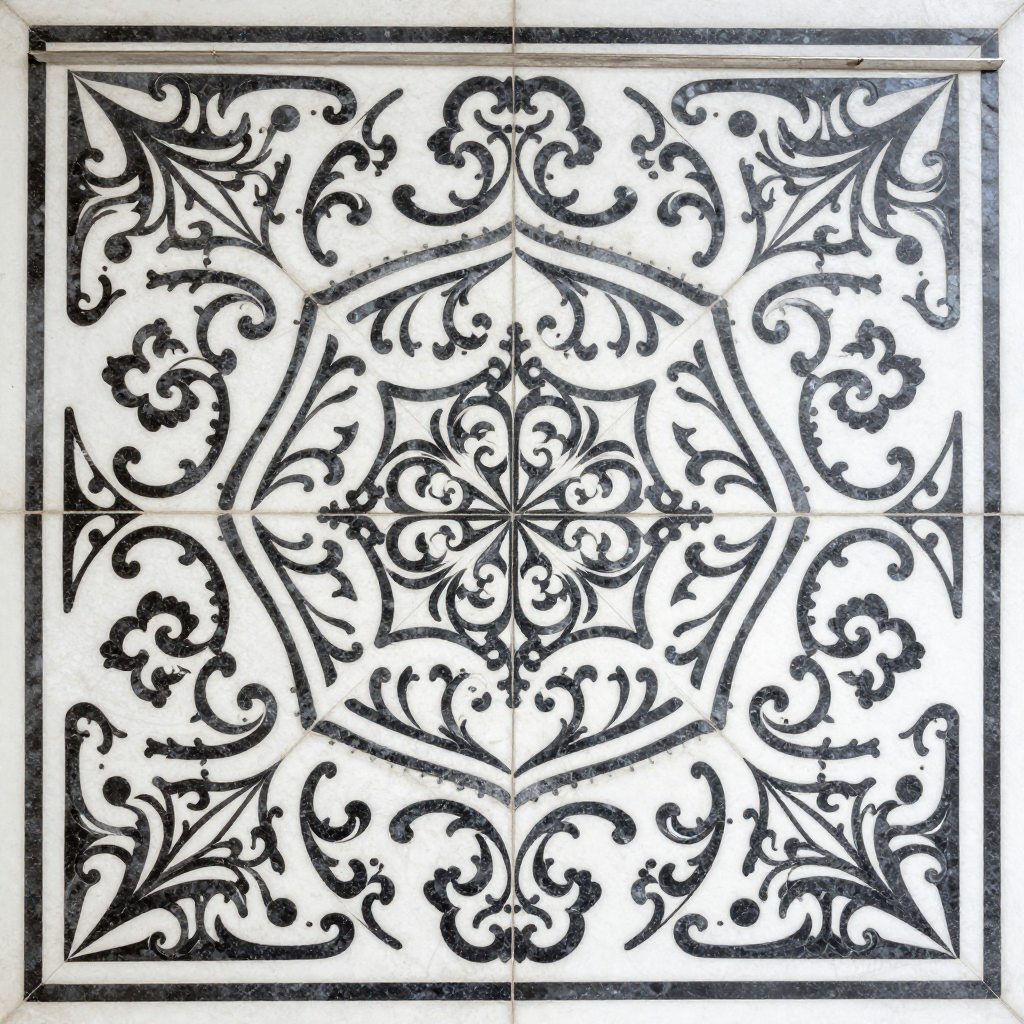 Intricate Black and White Ornamental Tile Design