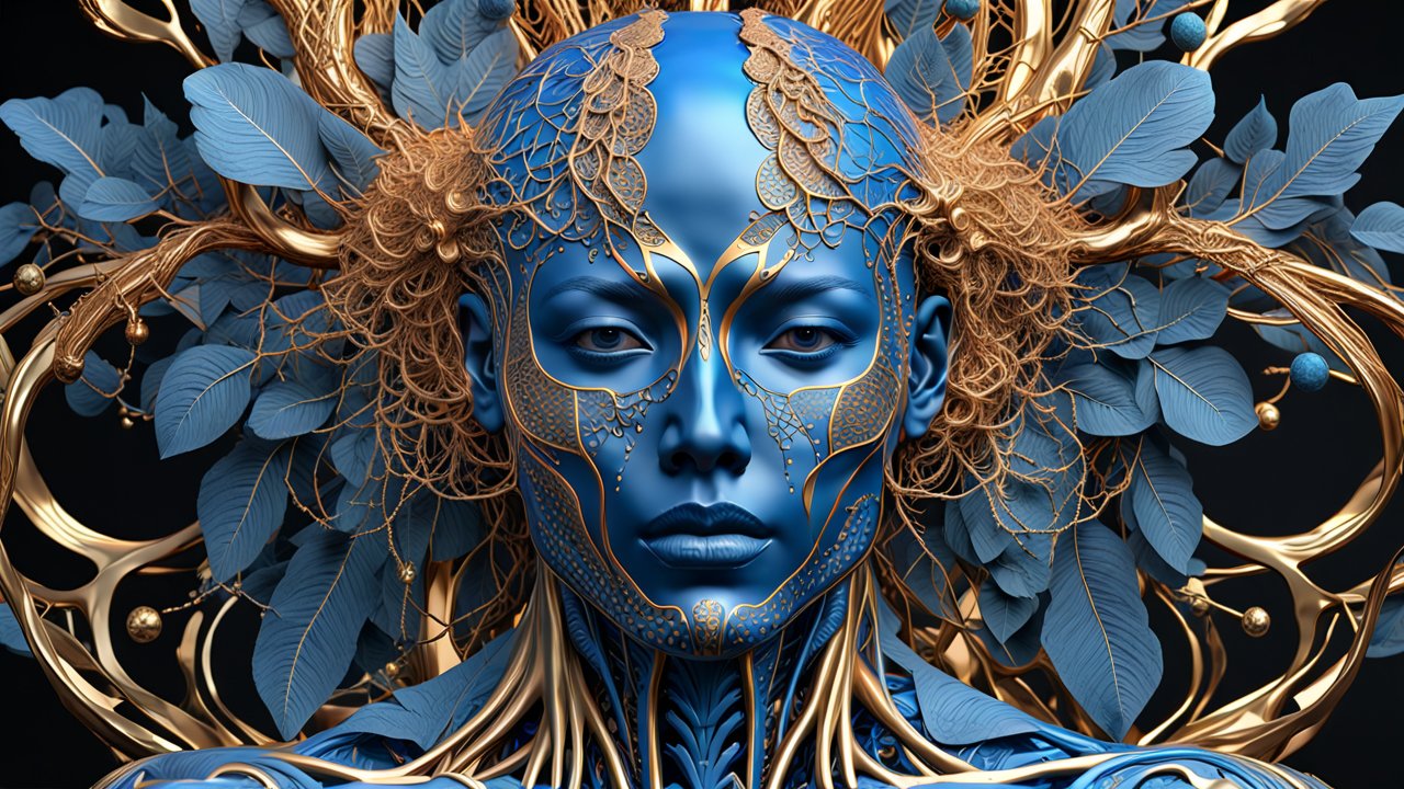 Intricate Blue and Gold Futuristic Female Portrait