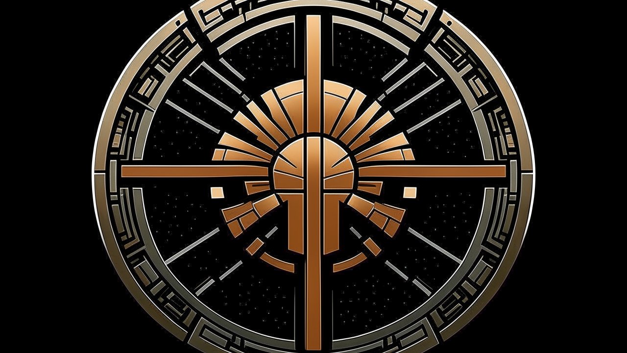 Intricate Bronze Geometric Emblem on Black Background