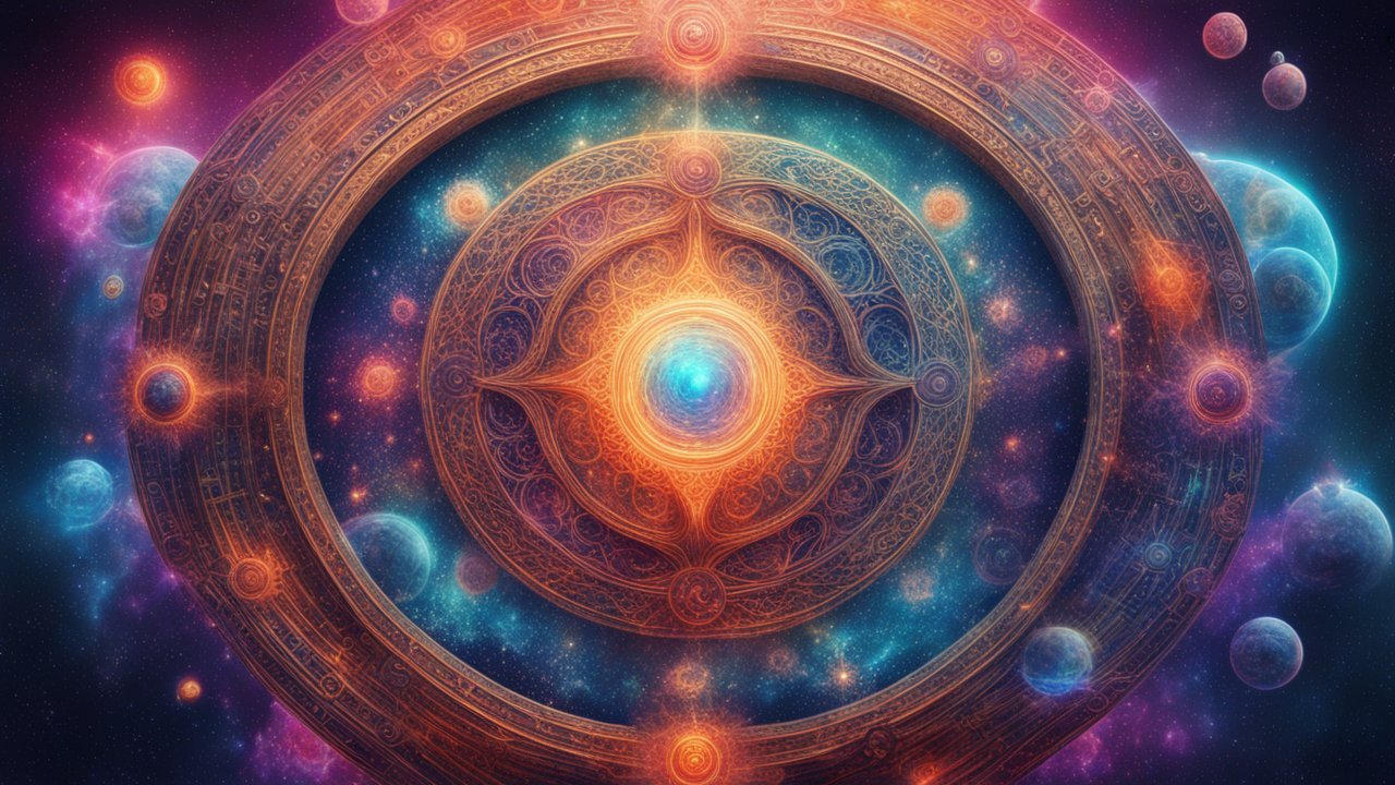 Intricate Cosmic Mandala with Celestial Orbs