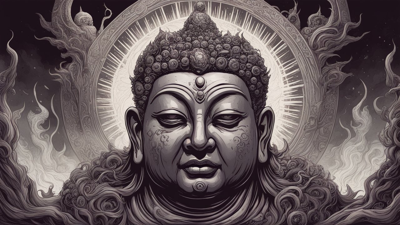 Intricate Dark Buddha Illustration with Mystical Aura