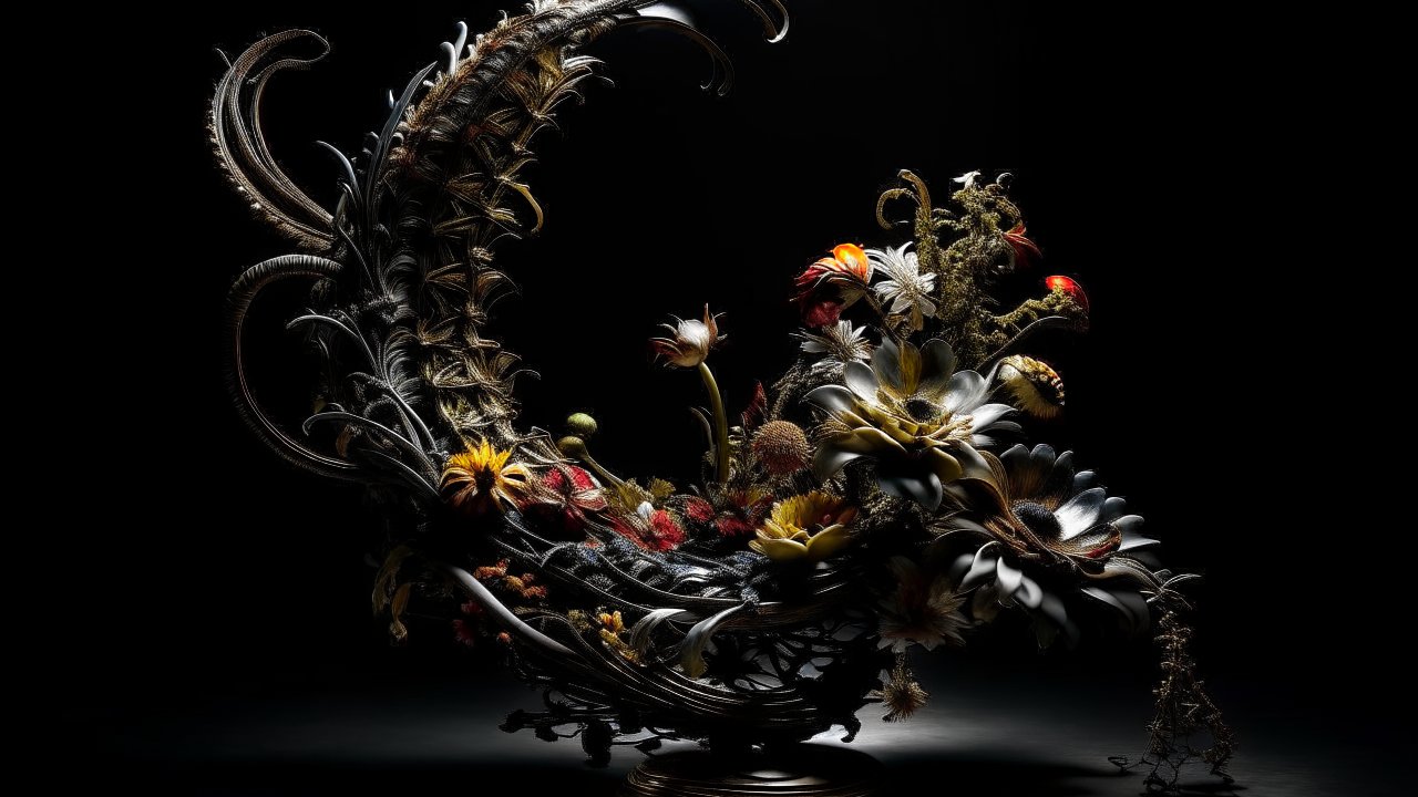 Intricate Dark Floral Sculpture with Dramatic Lighting
