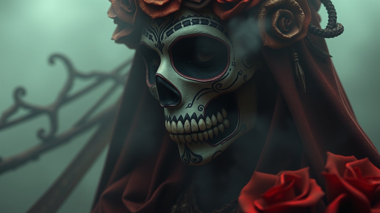 Intricate Day of the Dead Skull with Red Roses and Cloak