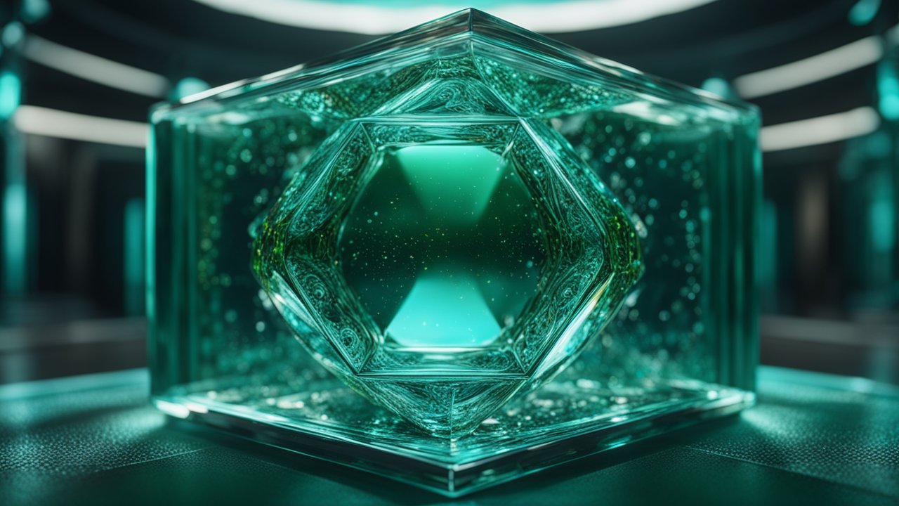 Intricate Glass Cube with Geometric Patterns in Futuristic Setting