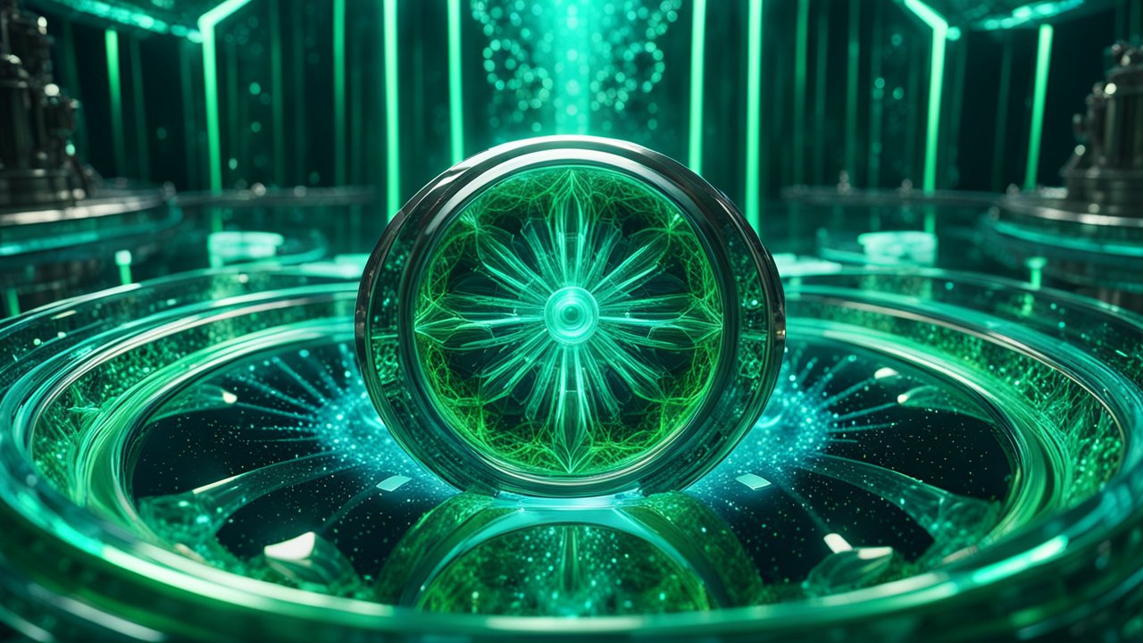 Intricate Glowing Green Orb in Futuristic Setting