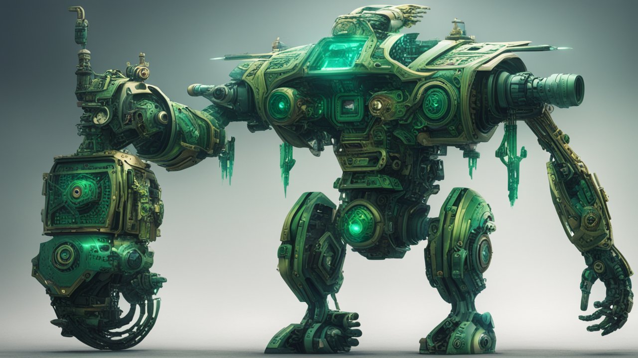 Intricate Green Aztec-Inspired Robot with Mechanical Arm
