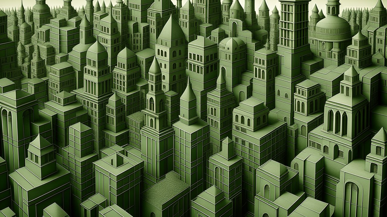 Intricate Green Monochrome Cityscape Illustration