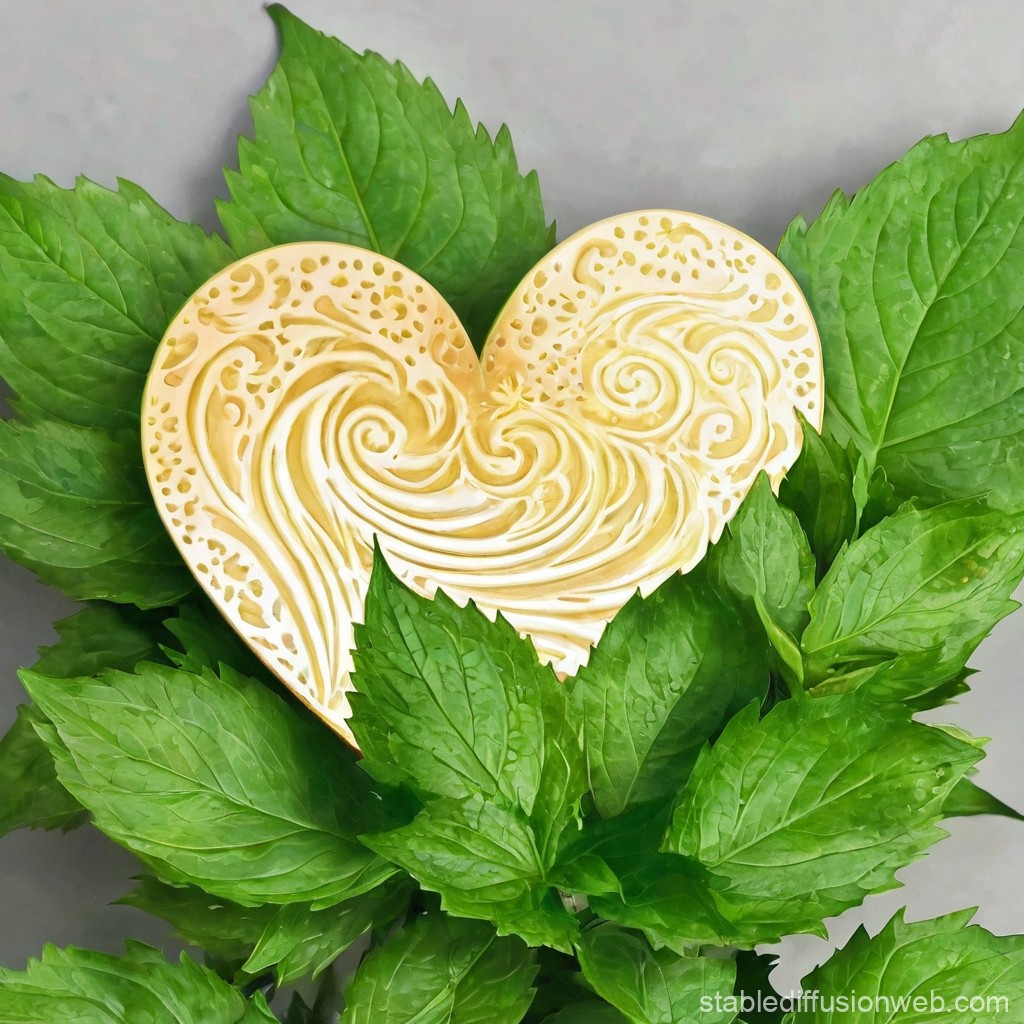 Intricate Heart-Shaped Ornament Among Fresh Green Leaves