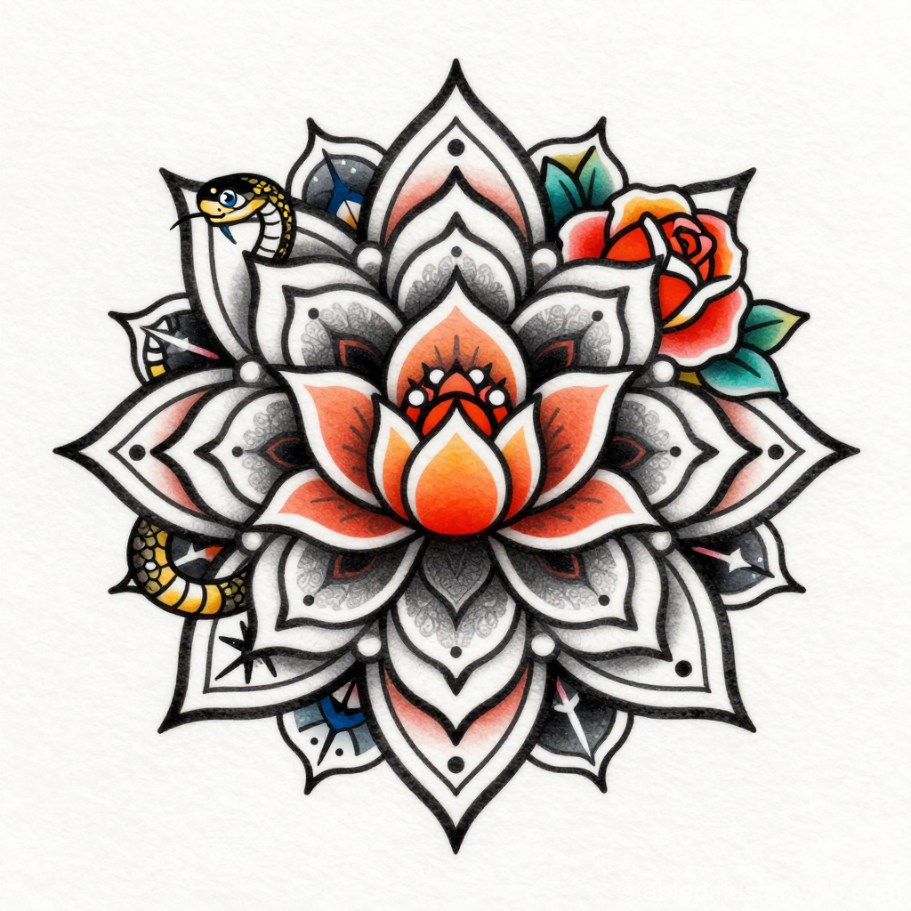Intricate Lotus Mandala Tattoo Design with Snake and Rose