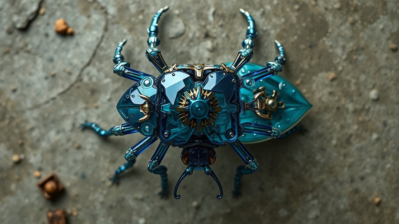 Intricate Metallic Blue Mechanical Beetle on Stone Surface