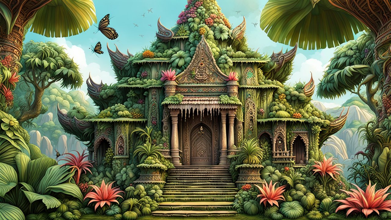 Intricate Overgrown Temple in Lush Jungle