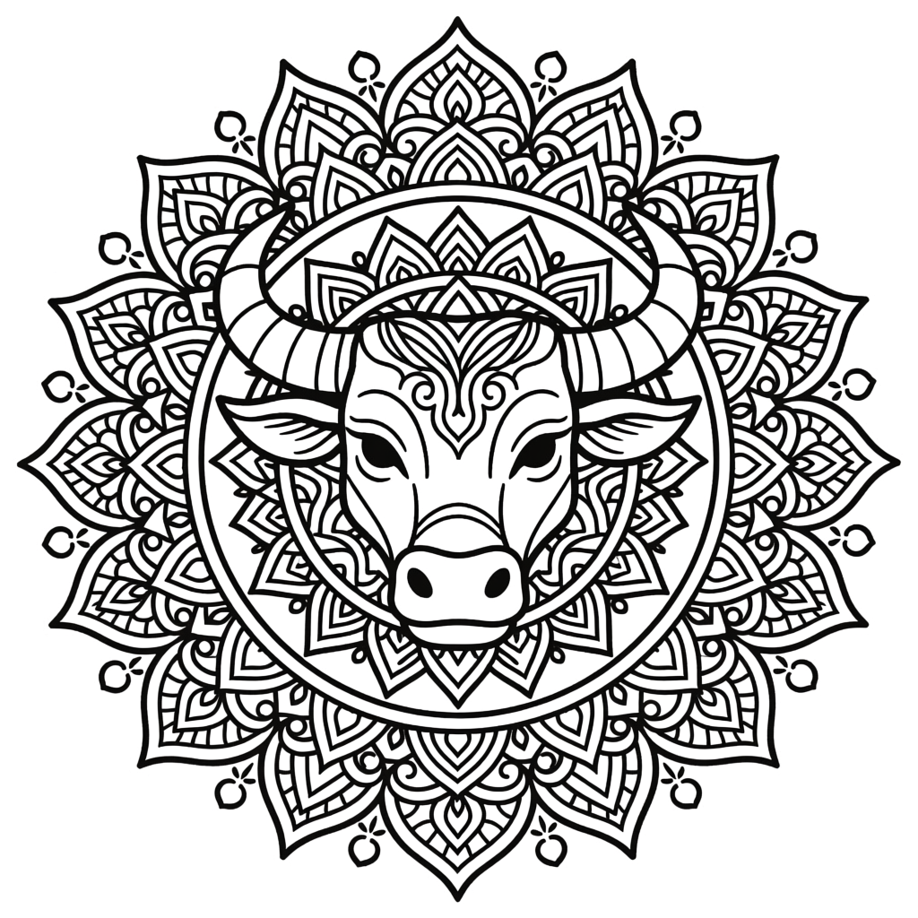 Intricate Ox Mandala Line Art