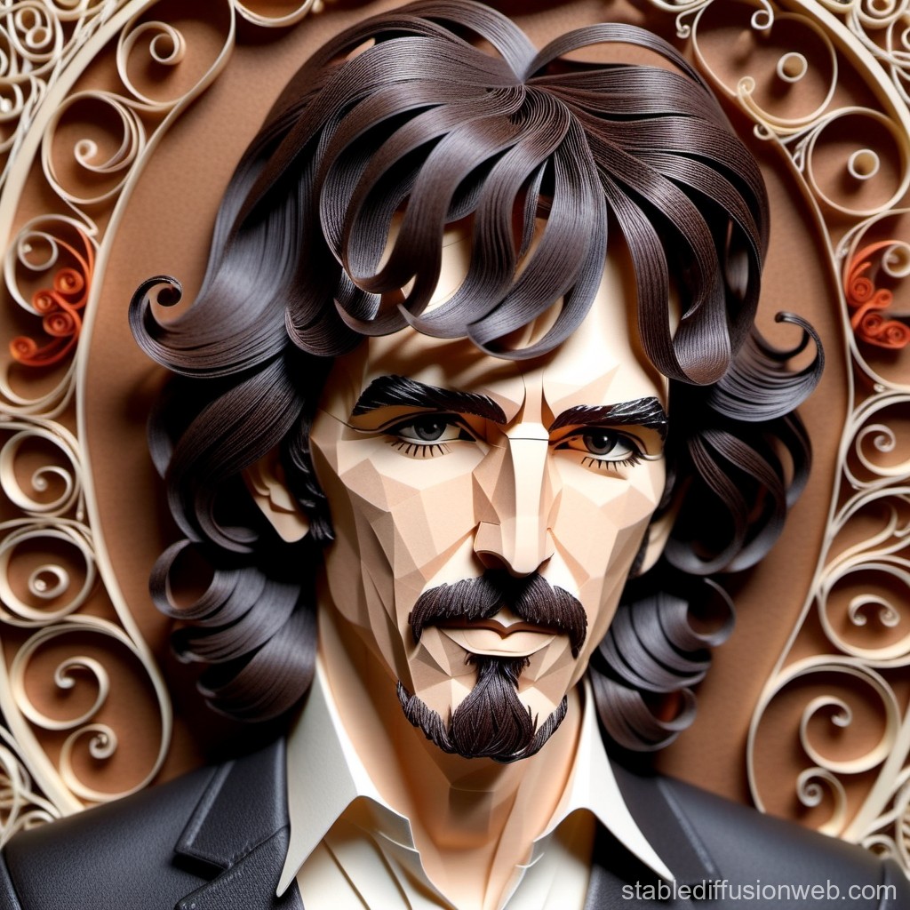 Intricate Paper Art Portrait of a Man with Curly Hair and Beard