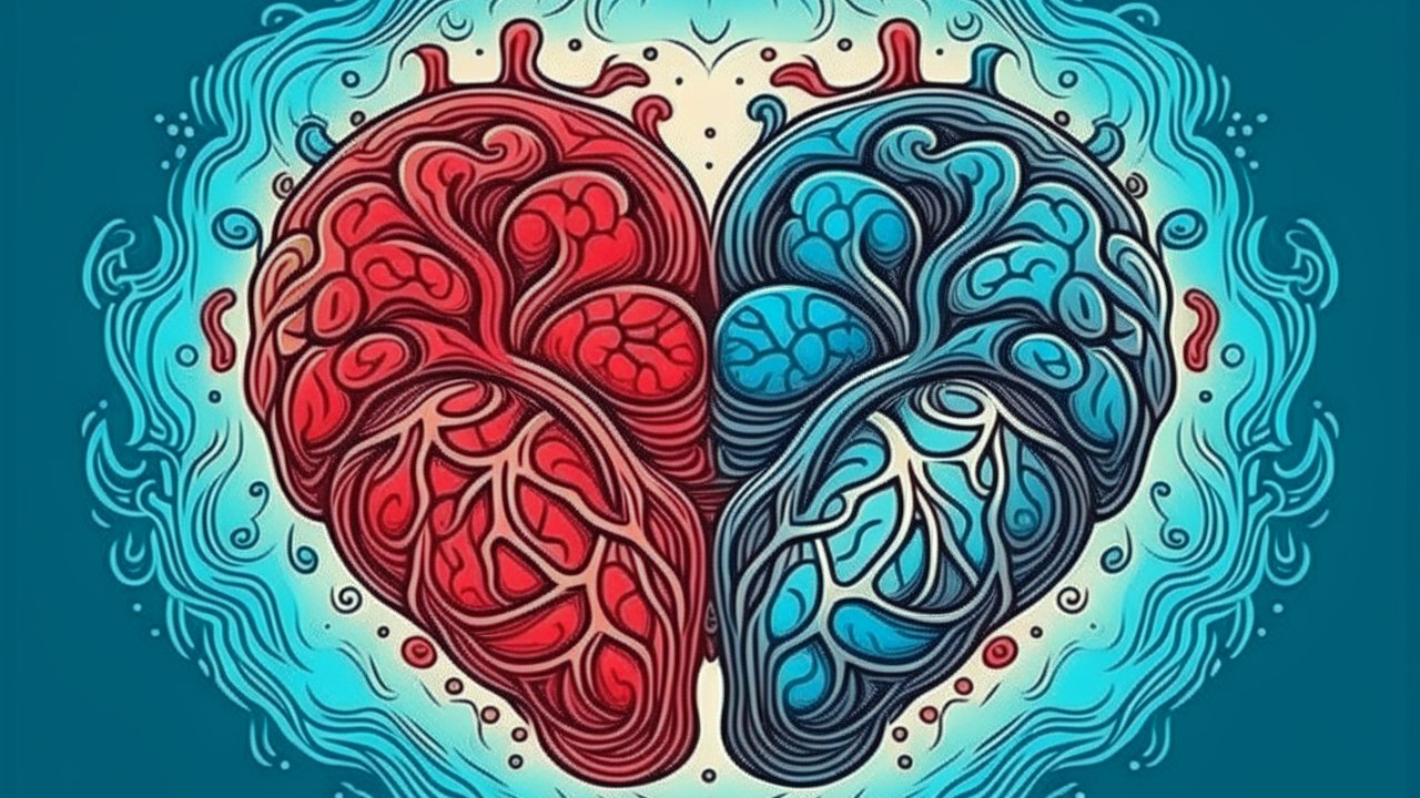 Intricate Red and Blue Heart-Brain Fusion Illustration