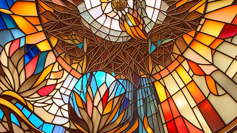 Intricate Stained Glass Window with Floral and Geometric Patterns