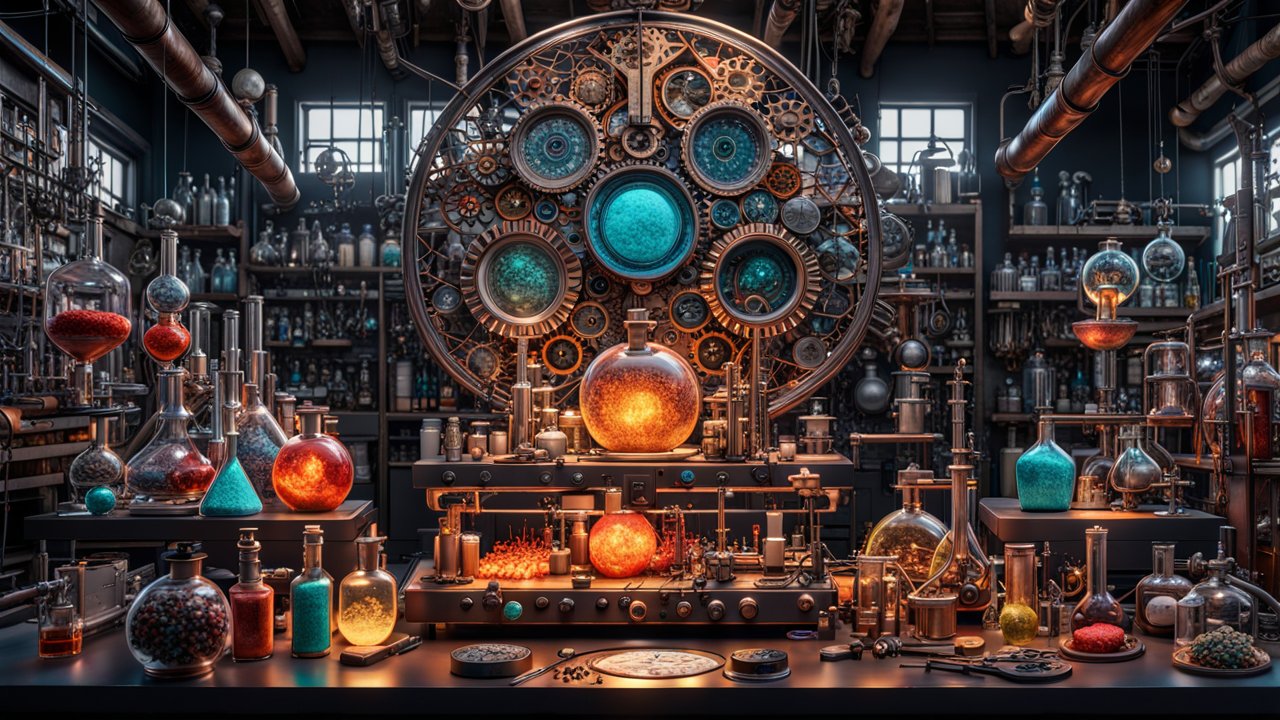 Intricate Steampunk Laboratory with Glowing Alchemical Apparatus