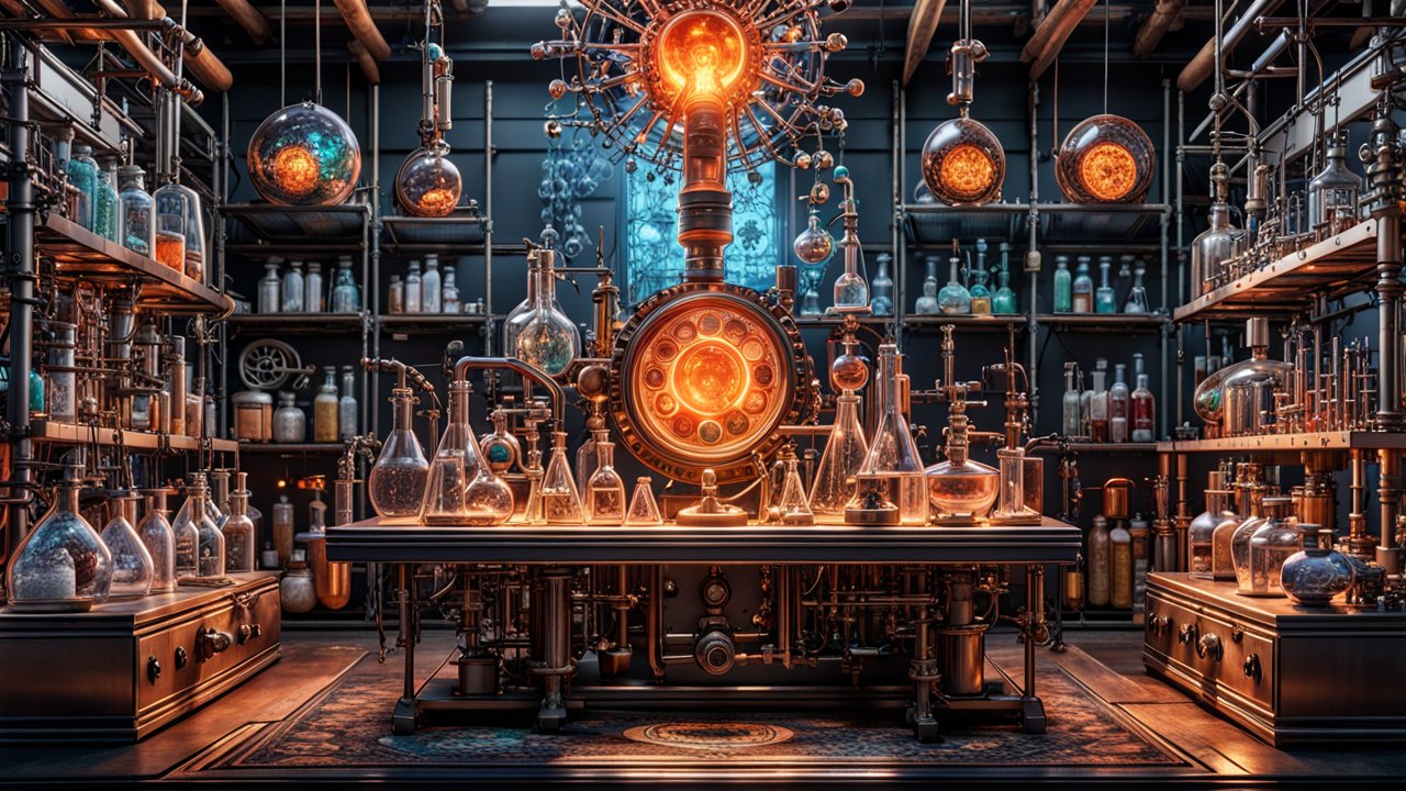 Intricate Steampunk Laboratory with Glowing Apparatus