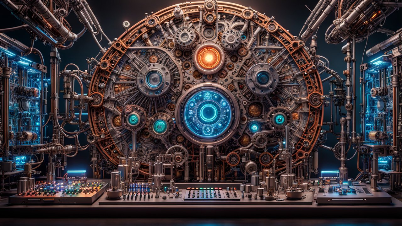 Intricate Steampunk Machine with Glowing Blue Core