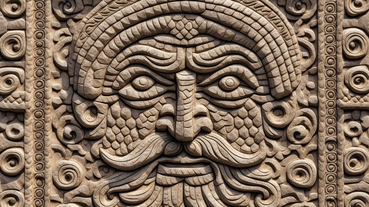 Intricate Stone Carving of a Bearded Face