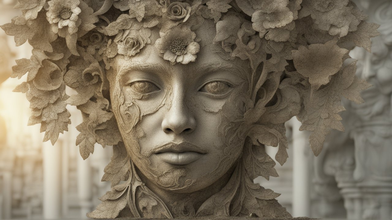 Intricate Stone Sculpture of a Floral Face