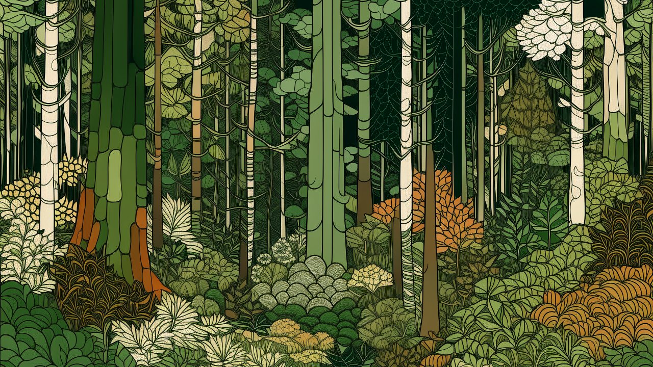 Intricate Stylized Dense Forest Illustration