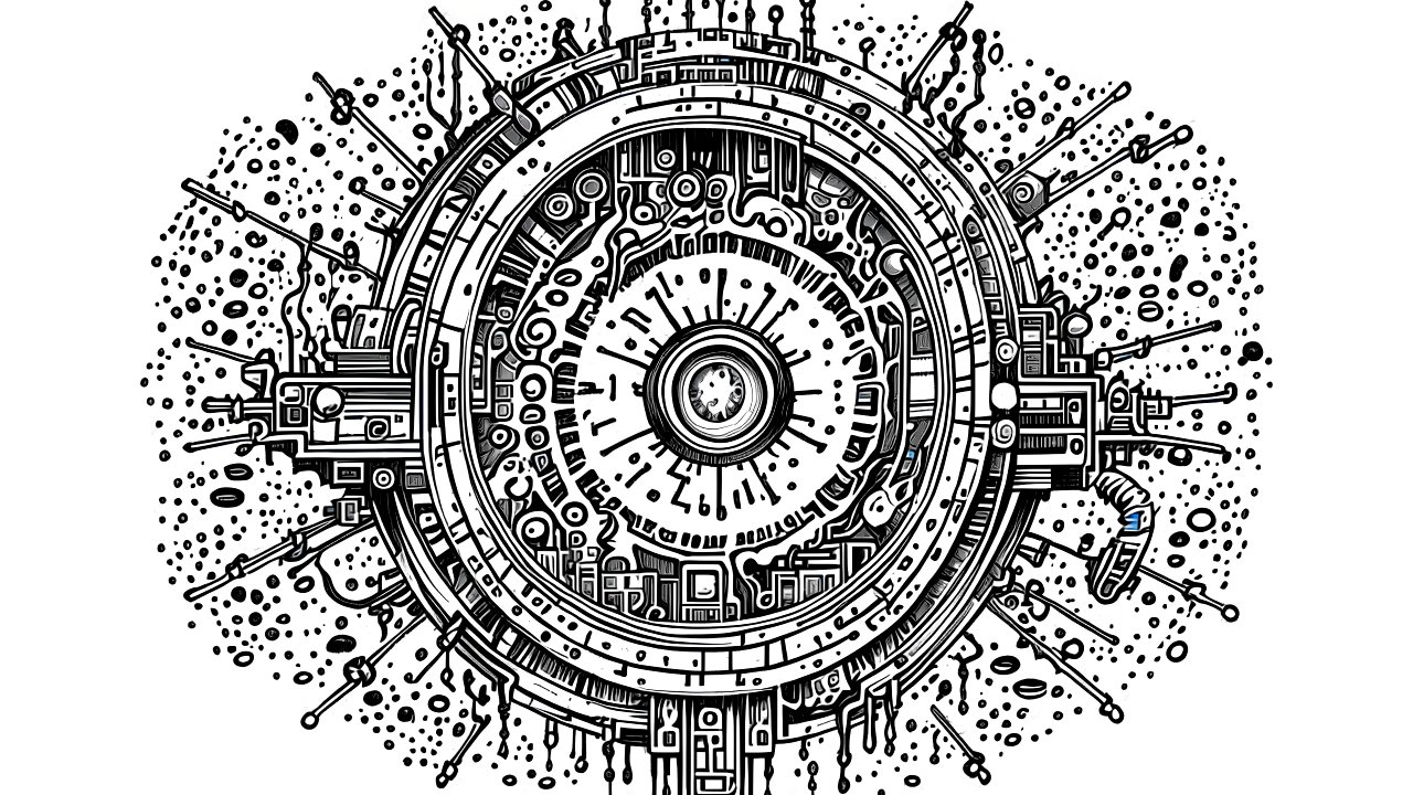 Intricate Time Traveler's Device Ink Drawing