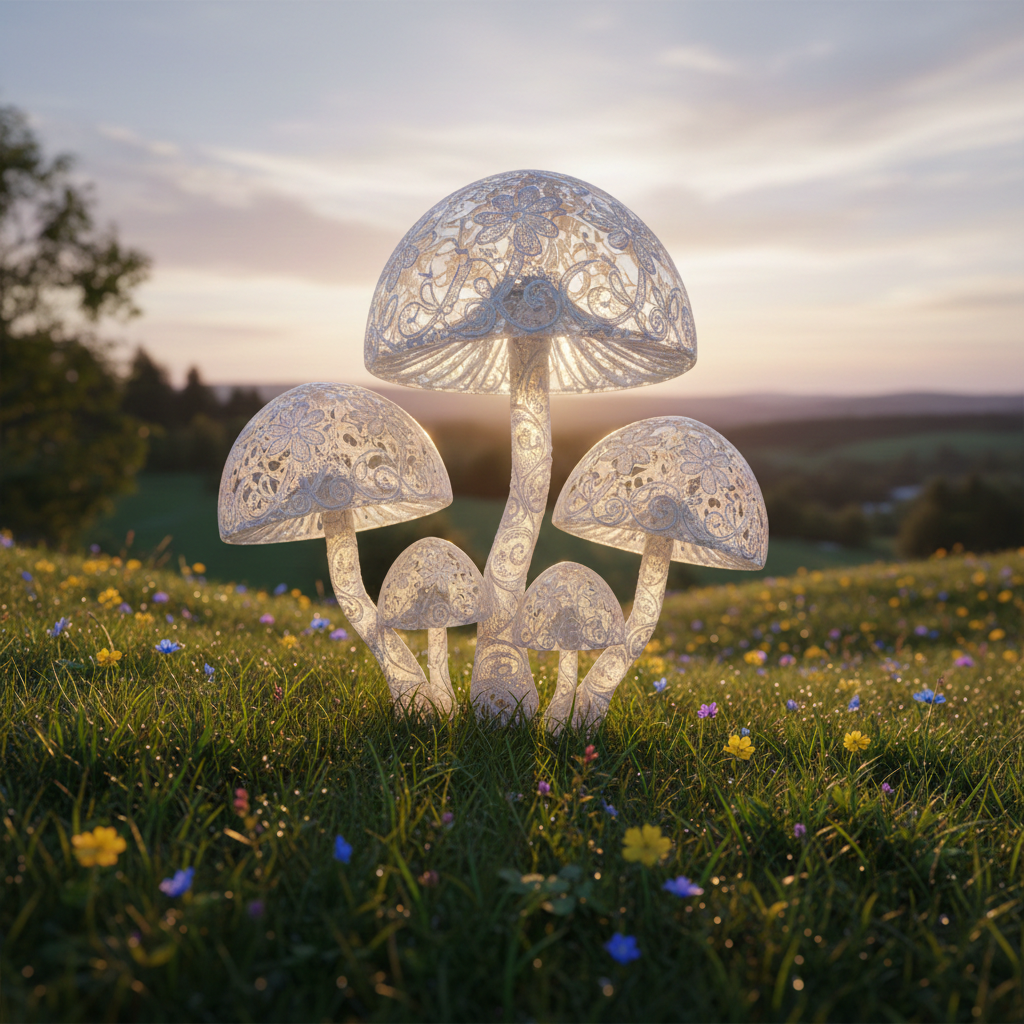 Intricate Transparent Glass Mushrooms in a Meadow at Sunset