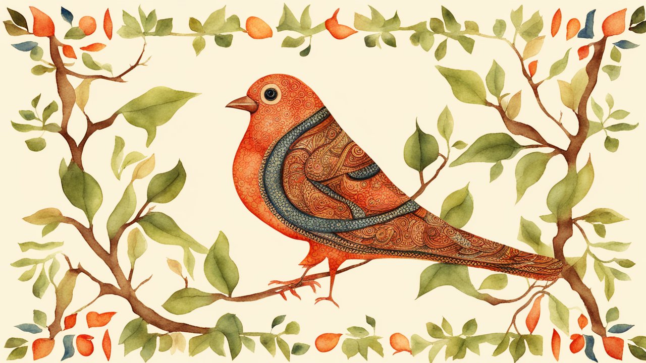 Intricate Watercolor Bird with Decorative Patterns on Branch