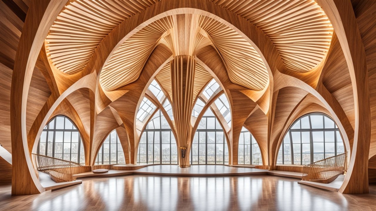 Intricate Wooden Architectural Interior with Arched Windows