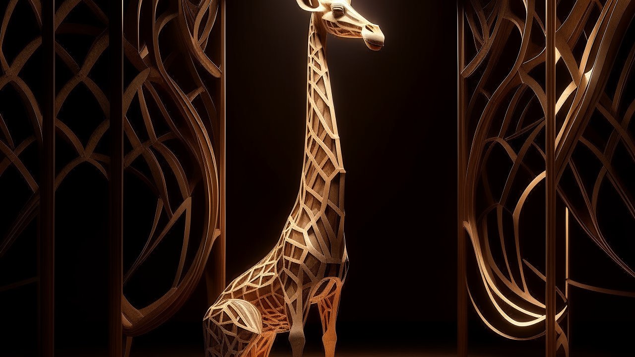 Intricate Wooden Giraffe Sculpture with Abstract Surroundings