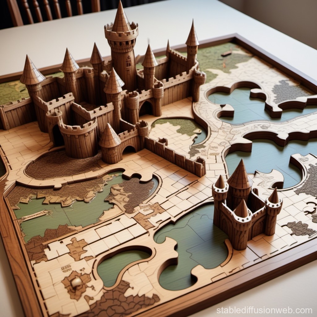 Intricate Wooden Puzzle Castle with Map Design