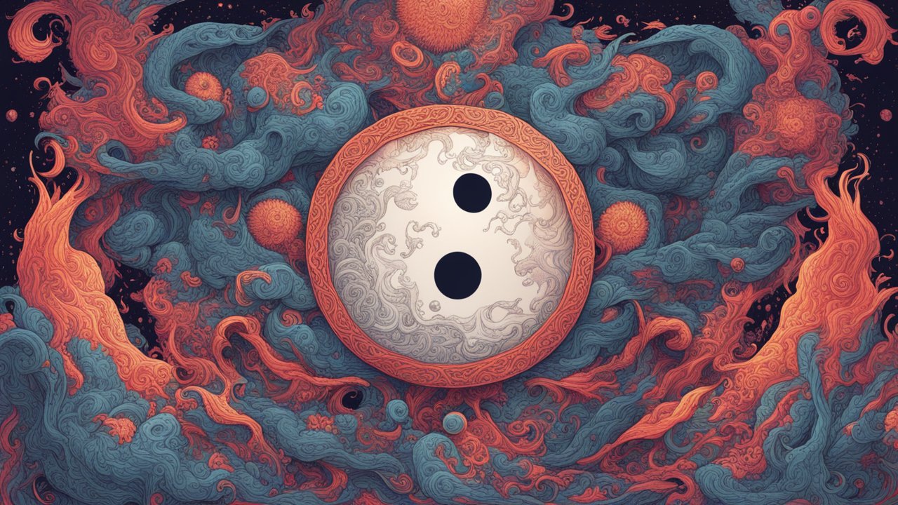 Intricate Yin Yang Symbol Surrounded by Swirling Flames and Clouds