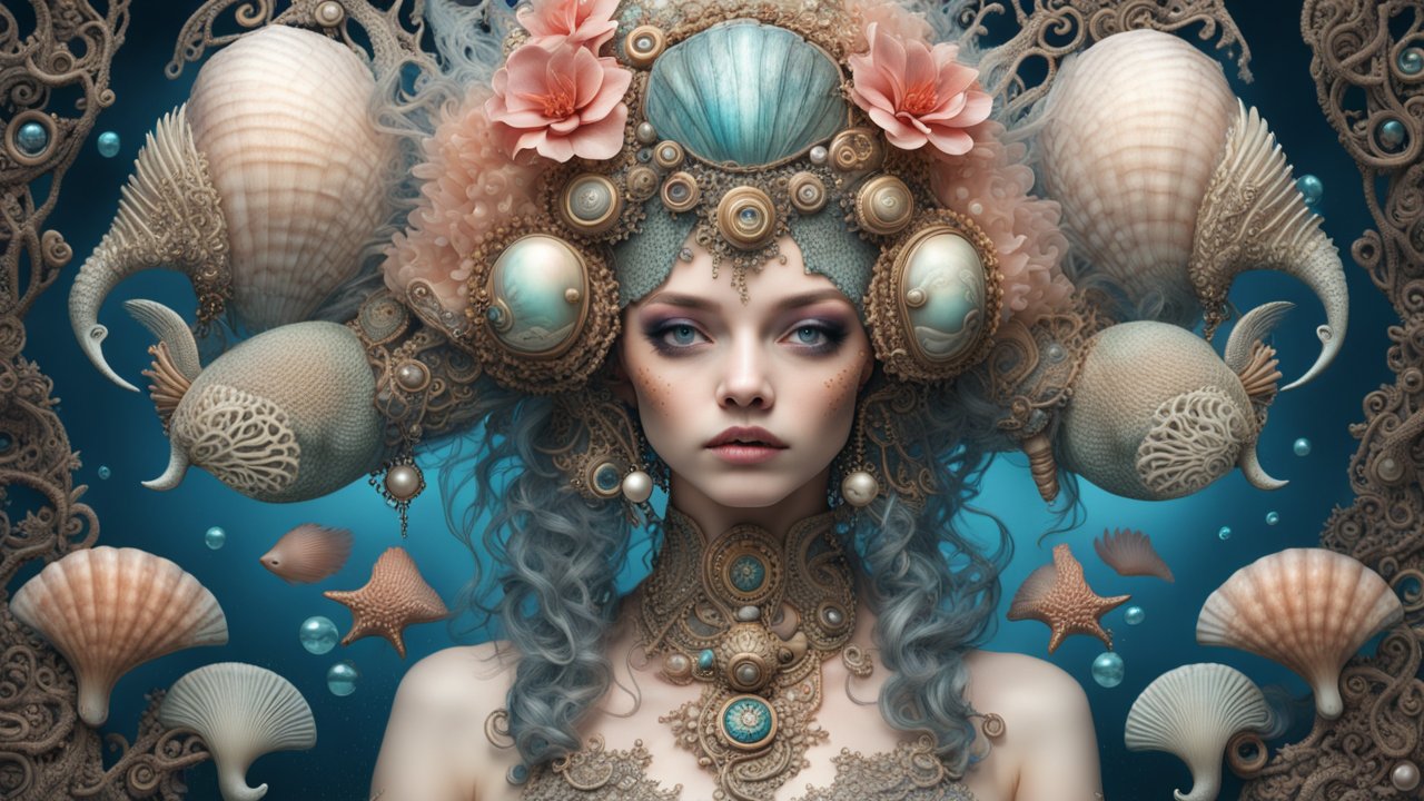 Intricately Adorned Mermaid Queen with Oceanic Elements