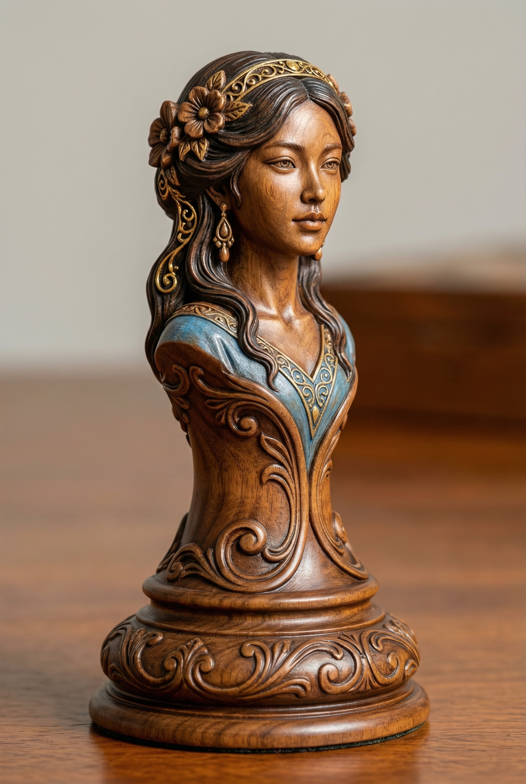 Intricately Carved Wooden Bust of a Woman with Floral Details