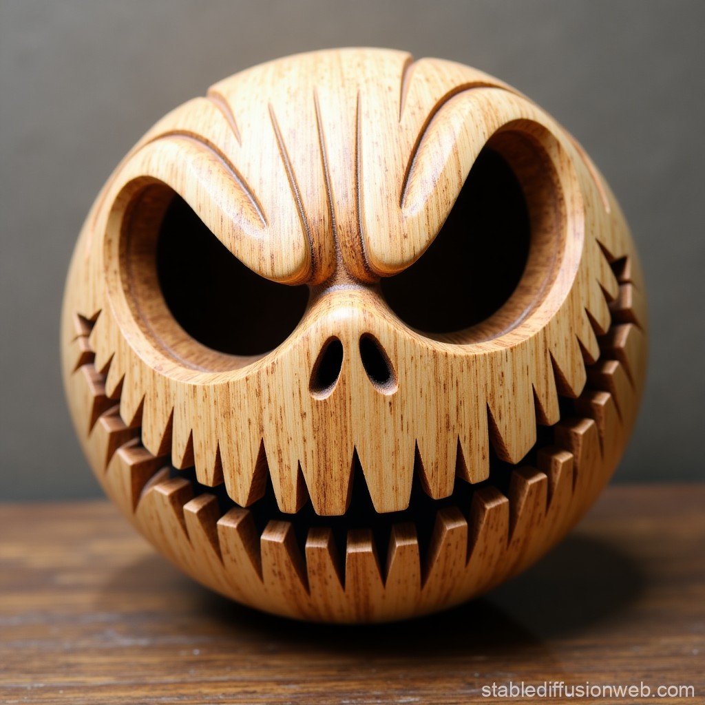 Intricately Carved Wooden Jack-o'-Lantern with Menacing Expression