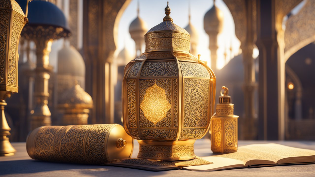 Intricately Designed Ramadan Lantern with Quran in Mosque