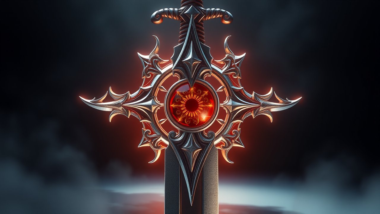 Intricately Designed Sword with Fiery Red Eye Gem