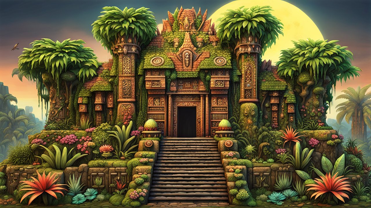 Intricately Detailed Ancient Jungle Temple at Sunset