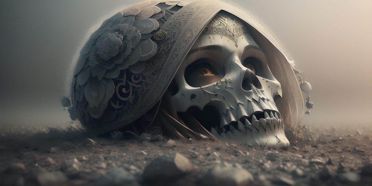 Intricately Detailed Skull with Ornate Helmet in Misty Terrain