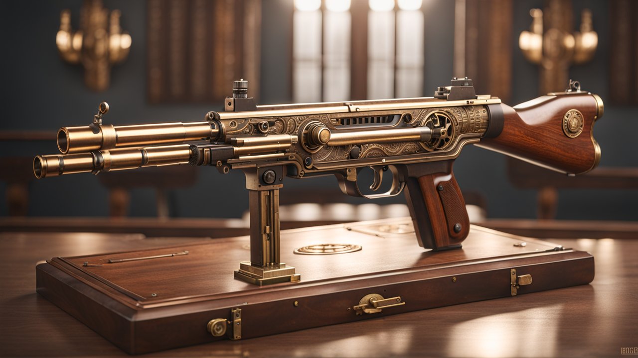 Intricately Detailed Steampunk Rifle on Wooden Display
