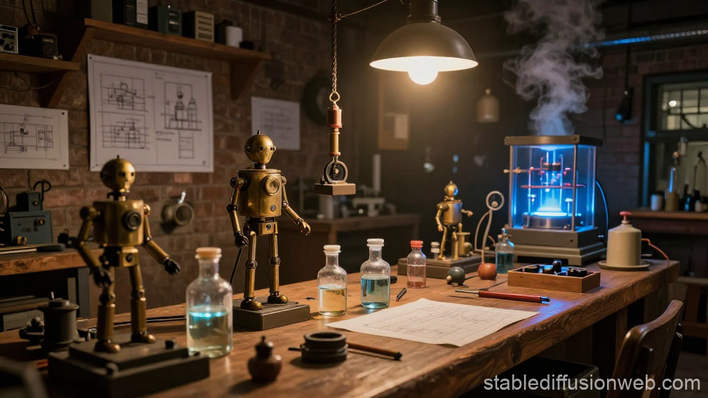 Inventor's Workshop with Vintage Robots and Scientific Equipment