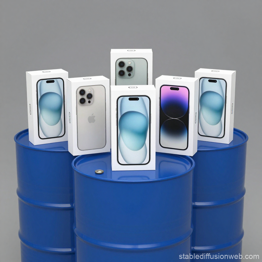 iPhone 15 Boxes Displayed on Blue Barrels